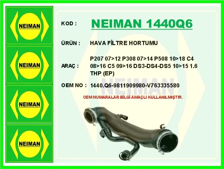 HAVA FİLTRE HORTUMU P207 07>12 P308 07>14 P508 10>18 C4 08>16 C5 09>16 DS3-DS4-DS5 10>15 1.6 THP EP6DT