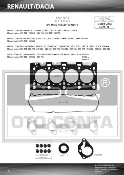 ÜST TAKIM CONTASI SKC LI MEGANE II 02>CLIO II 02>CLIO III 05>LOGAN 04>SANDERO 08>NOTE 06>11 E11 MICRA III 05>10 SUZUKİ JIMNY 03> 1.5 DCI K9K SKT KEÇELİ SUB.LAST K9K 712-714-718-724-760